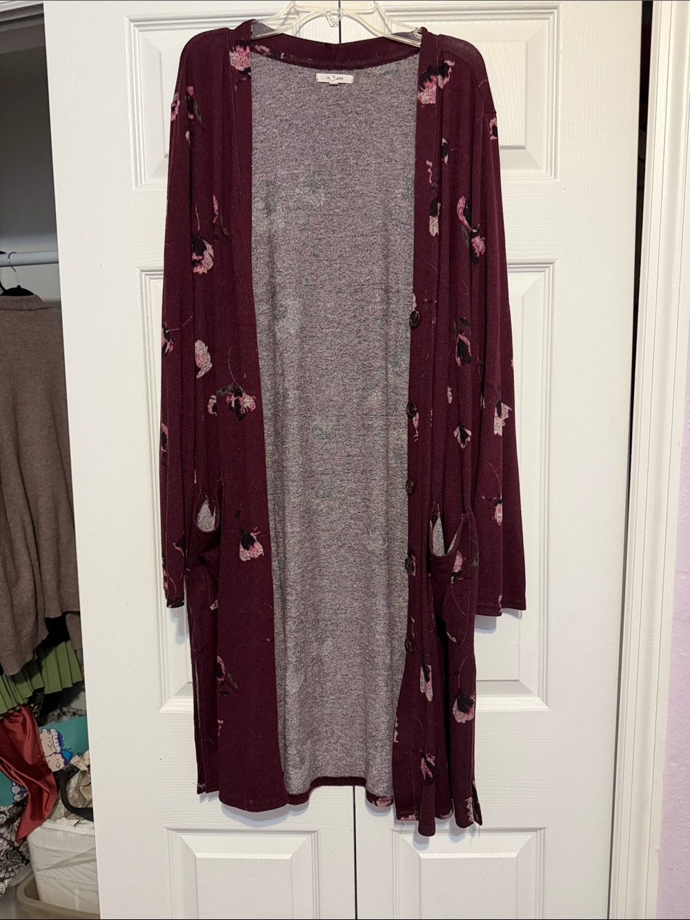 Maurices Burgundy Floral Long Open-Front Cardigan